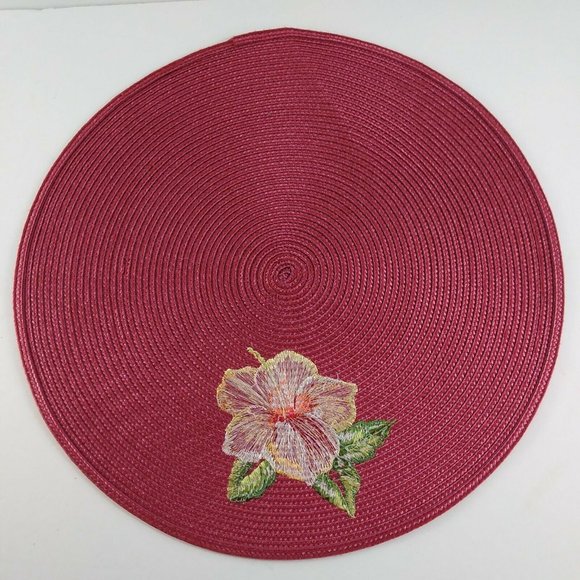Vintage 2 Red Round Placemats W Hibiscus Flowers - Picture 4 of 4